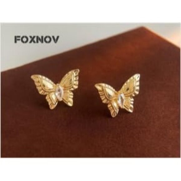 Women's Gold Crystal Cute Butterfly Stud Gold Plated Lightweight Earrings - Picture 2 of 5